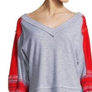 We The Free Heathered Waffle Knit Embroidered Bubble Sleeve Top Womens Xs